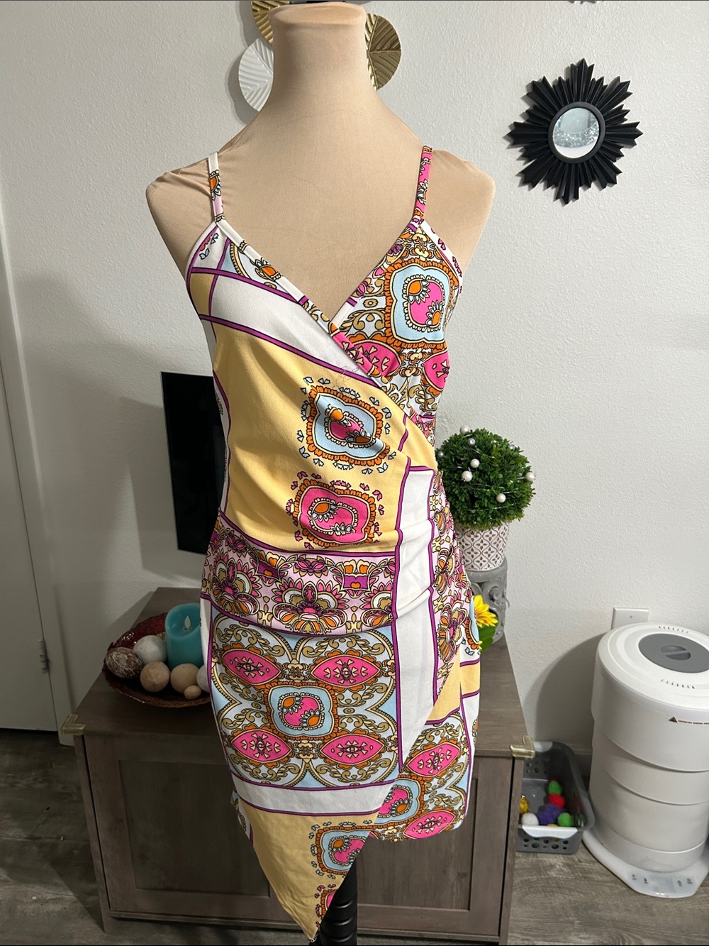 VENUS Yellow, Pink and White Printed Wrap-Style Mini Dress